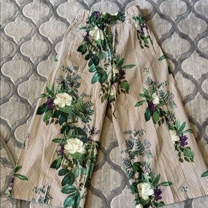 Zara Floral Striped Wide Leg Pants in Beige with Green Accents